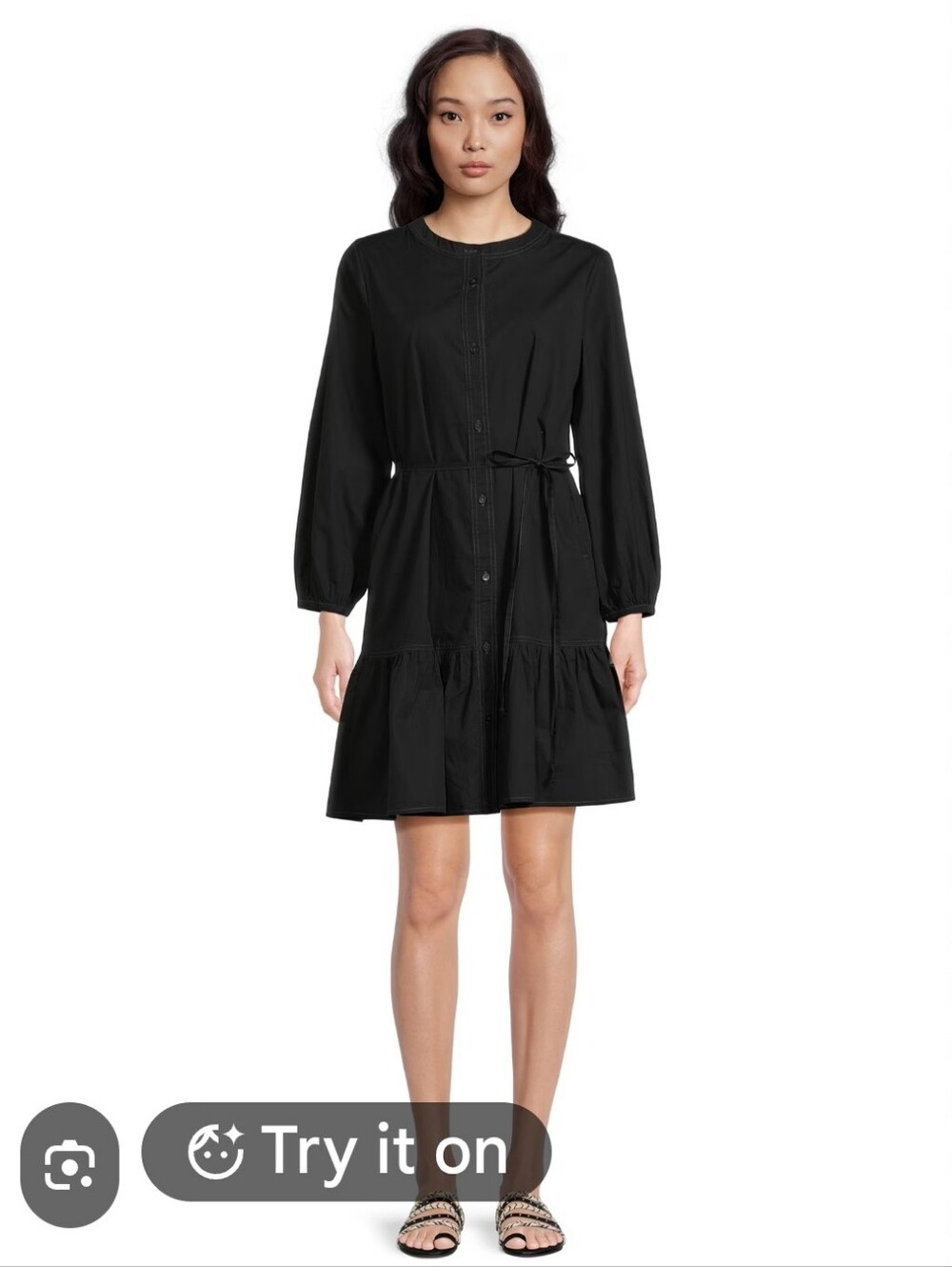 beachlunchlounge 🖤 Black Cotton Long Sleeve Tiered Midi  | Button Front| Medium